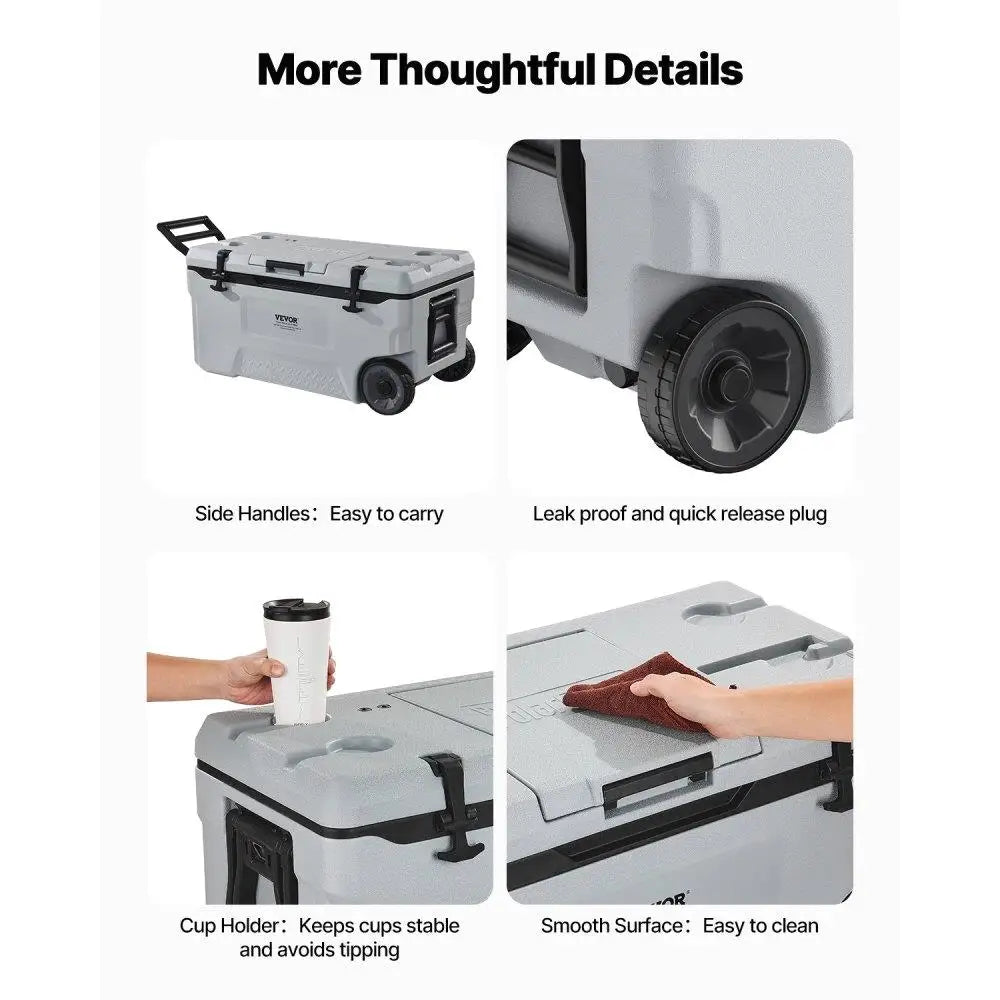 Portable Cooler 74QT Insulated Wheeled 120 Can Capacity with Cup Holder