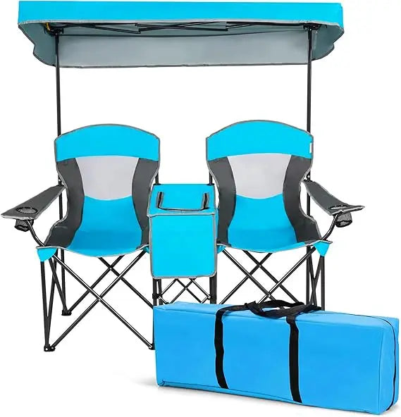 Double Camping Chair with Canopy, 2 Person Folding Beach Chair with Canopy Shade, Table Beverage Holder and Storage Bag, Double