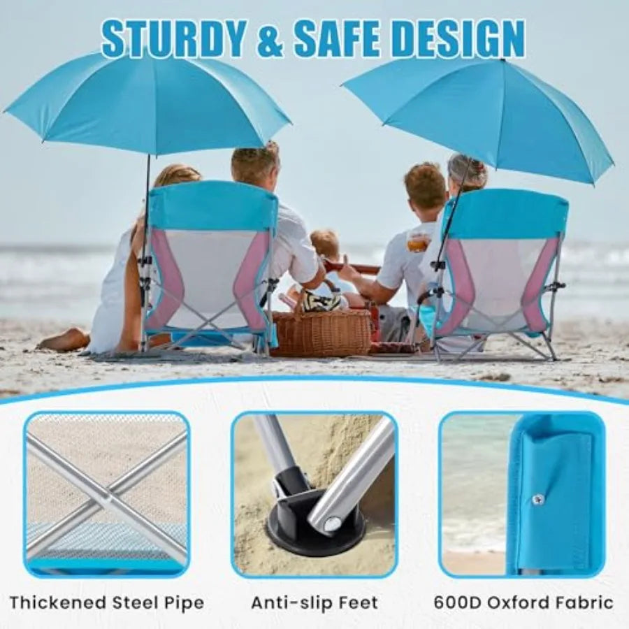 Folding Beach Chair with Umbrella for Adults, 2 Pack Portable Low Beach Chairs, 300lbs Capacity, Lightweight Foldable Camping C