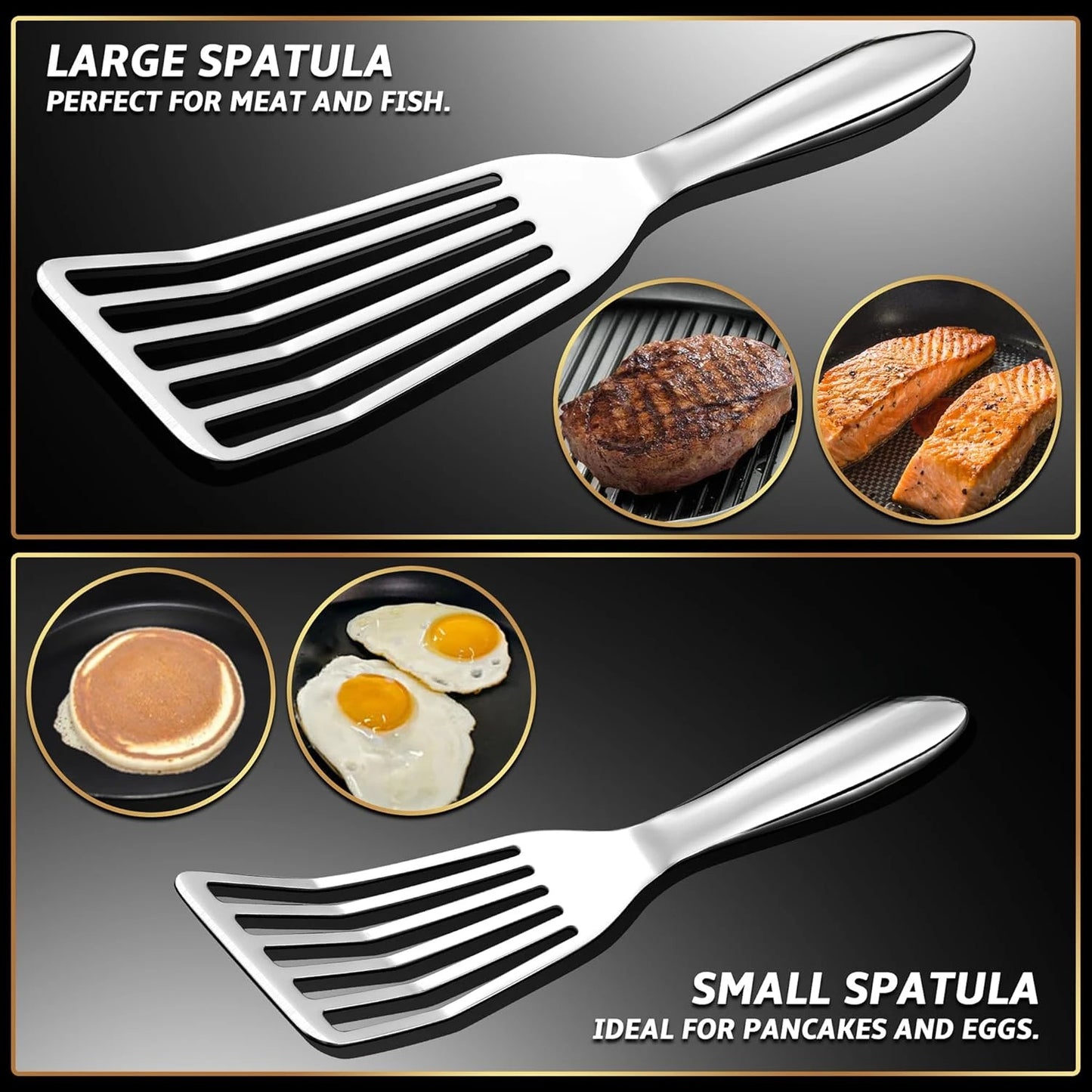 1 large fish Turner spatula + 1 small skillet spatula, kitchen metal spatula, slotted spatula, thin-sided frying knife
