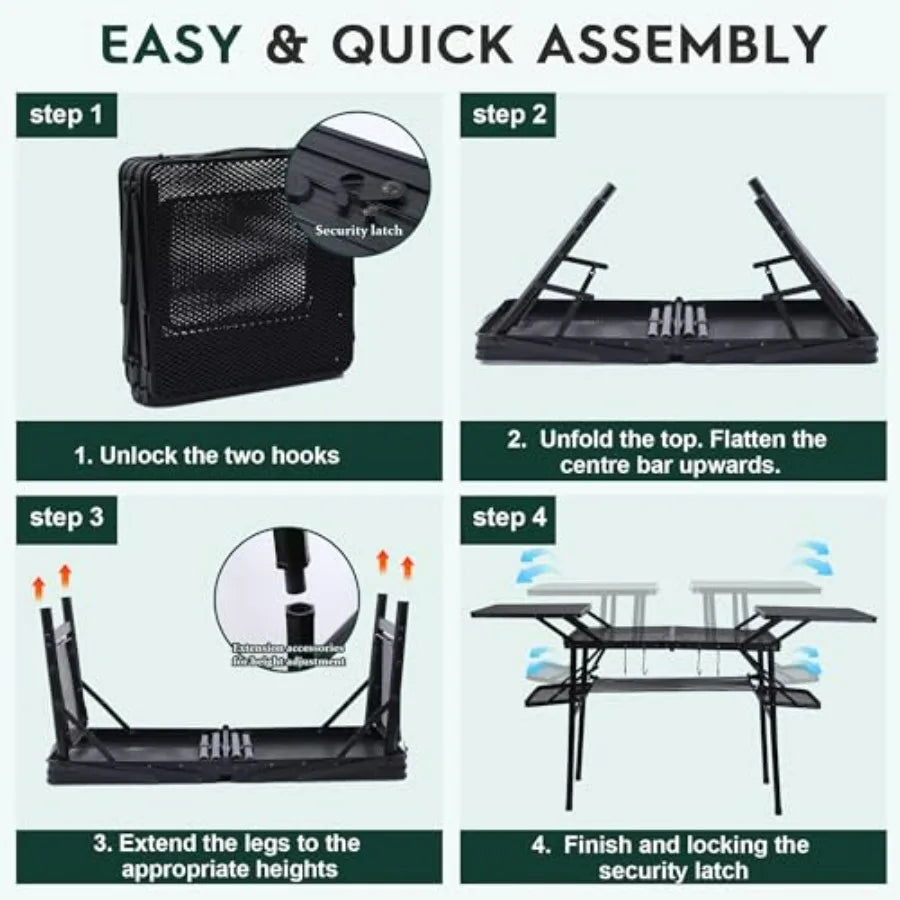 Camping Table, Compact Folding Tailgate Grill Table, Outdoor Metal Tables, Fold Up Lightweight with 4 Side Tables and Mesh Net