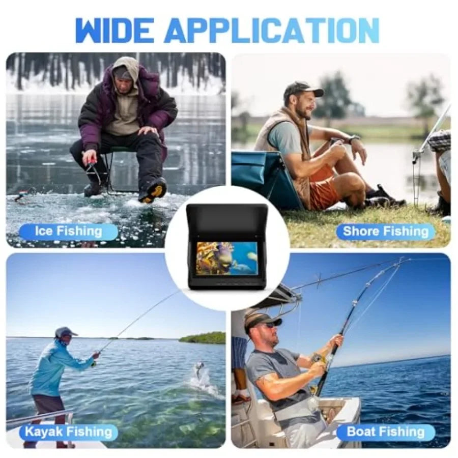 Boat fish finder with 5 IPS display, 1080 HD underwater camera, 220 wide angle, IP68 waterproof housing, 30M depth rating, 8 IR
