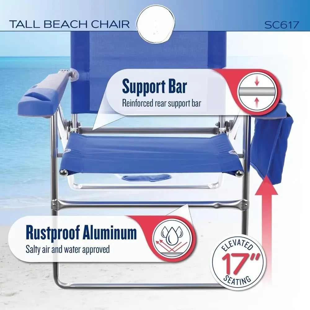 17" Extended Height 4-Position Folding Beach, Camping, Lawn Chair, Stripe, With handrail Equipped with cup holder Beach Chairs