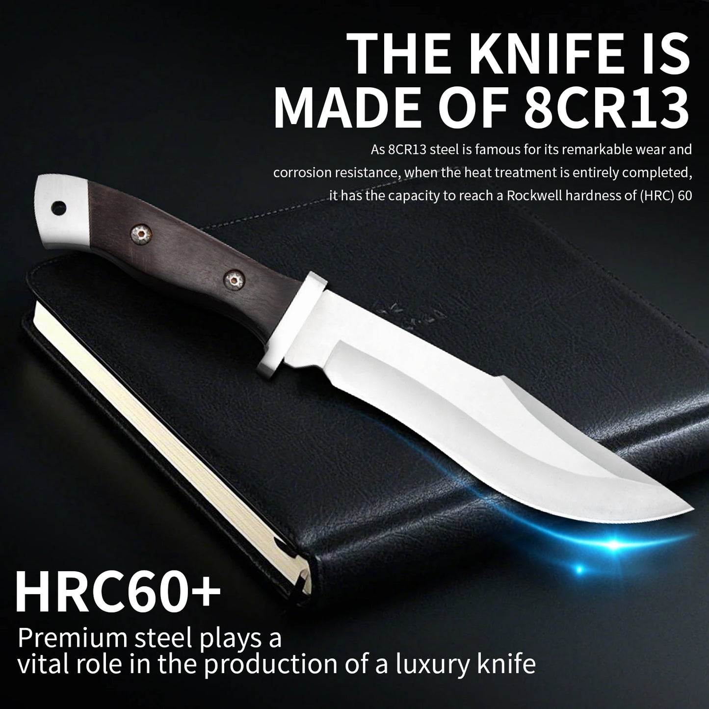 Stainless steel hunting knife with a wooden handle, paired with a black leather sheath, an essential tool for adventurers