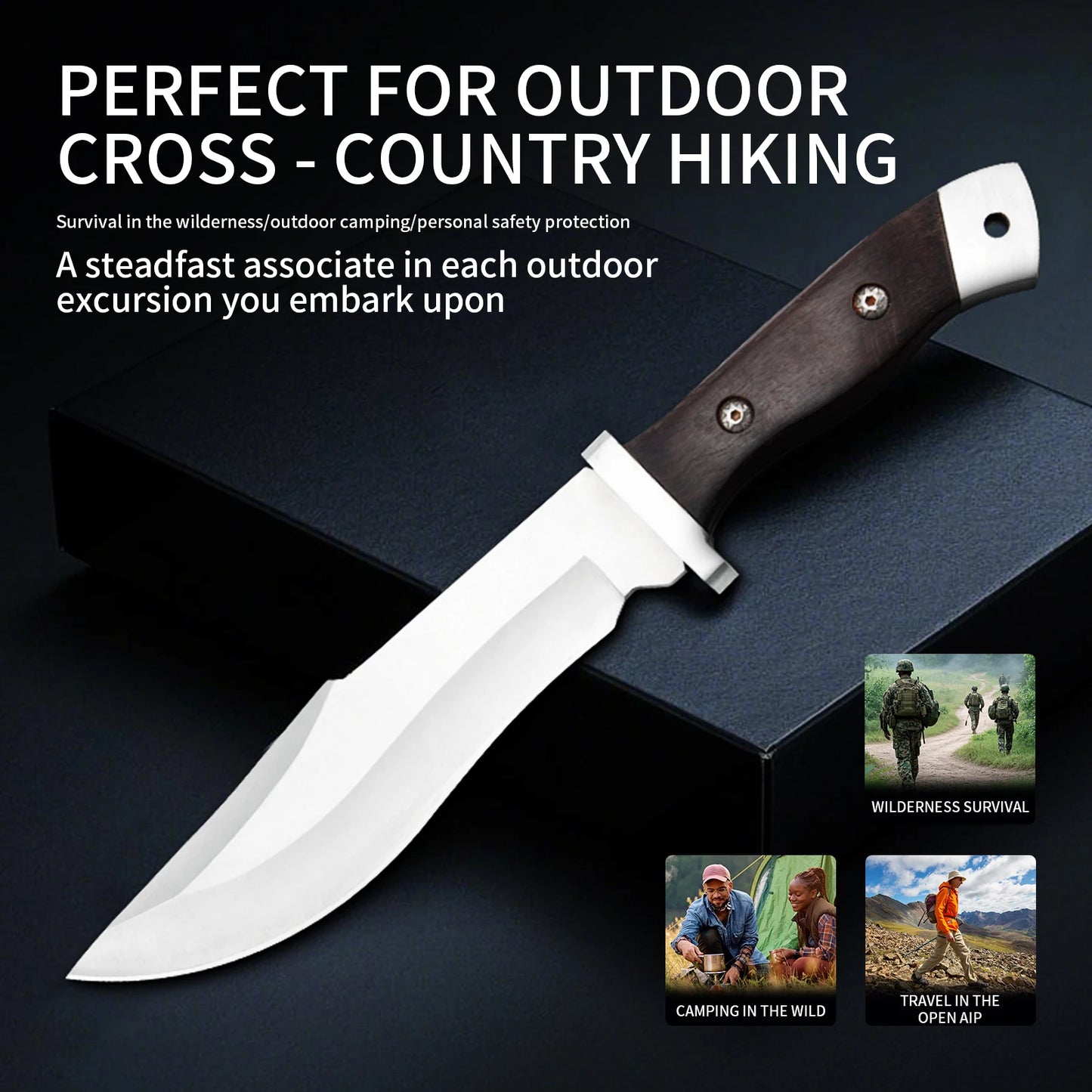 Stainless steel hunting knife with a wooden handle, paired with a black leather sheath, an essential tool for adventurers