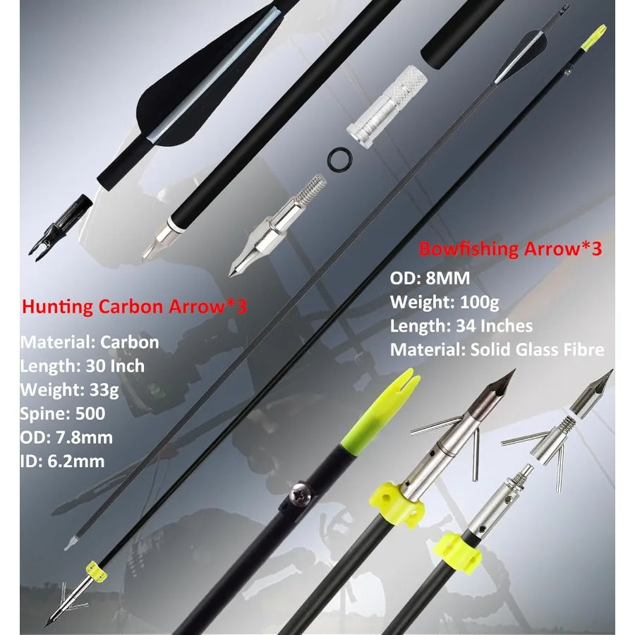 Compound Bow Fishing Combo Kit 2070 LBS Hunting Bow with Bowfishing Arrow and Fishing Reel for Bowfishing Archery Hunting Compl