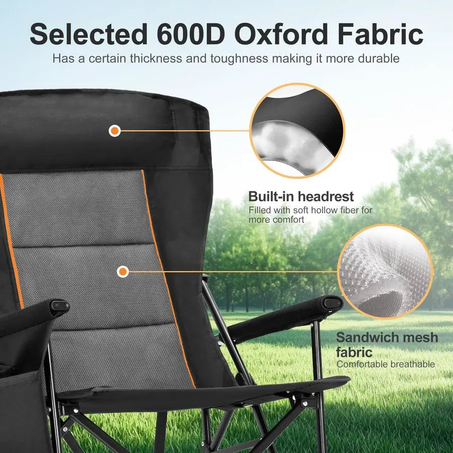 CAMP Oversized Camping Chairs 29.52 High Back Heavy Duty Lawn Chair Support 500LBS, Portable Collapsible Chair with Cup Holder,