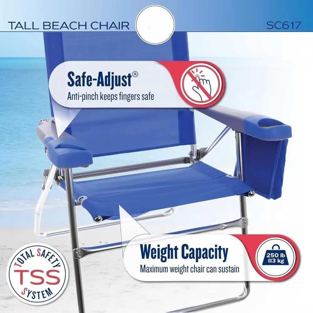 17" Extended Height 4-Position Folding Beach, Camping, Lawn Chair, Stripe, With handrail Equipped with cup holder Beach Chairs