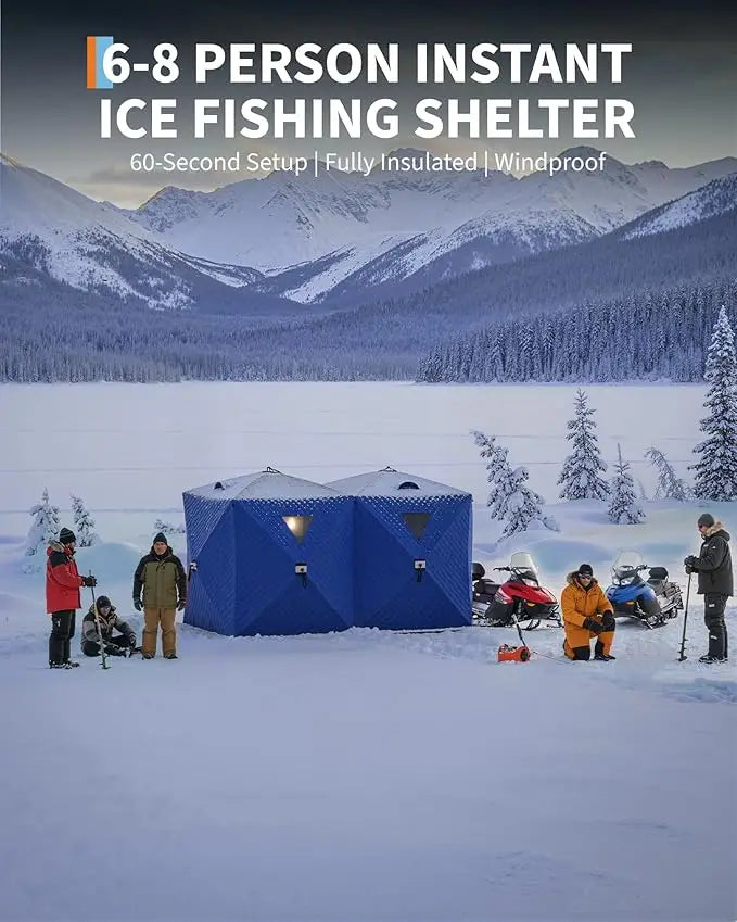 Insulated Pop-Up Ice Fishing Tent, 6-8 Person Portable Hub-Style Tent, Windproof Thermal Shanty, 420D Fabric for Winter Fishing