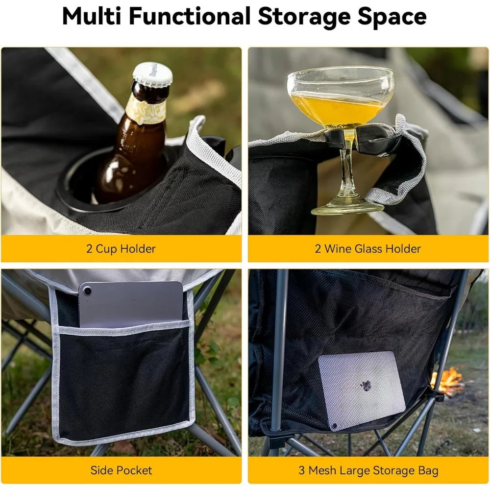 Double Camping Chair – 2-3 Person Outdoor Folding Sofa with Cup & Wine Glass Holders – Oversized Loveseat Camping Couch for Camp