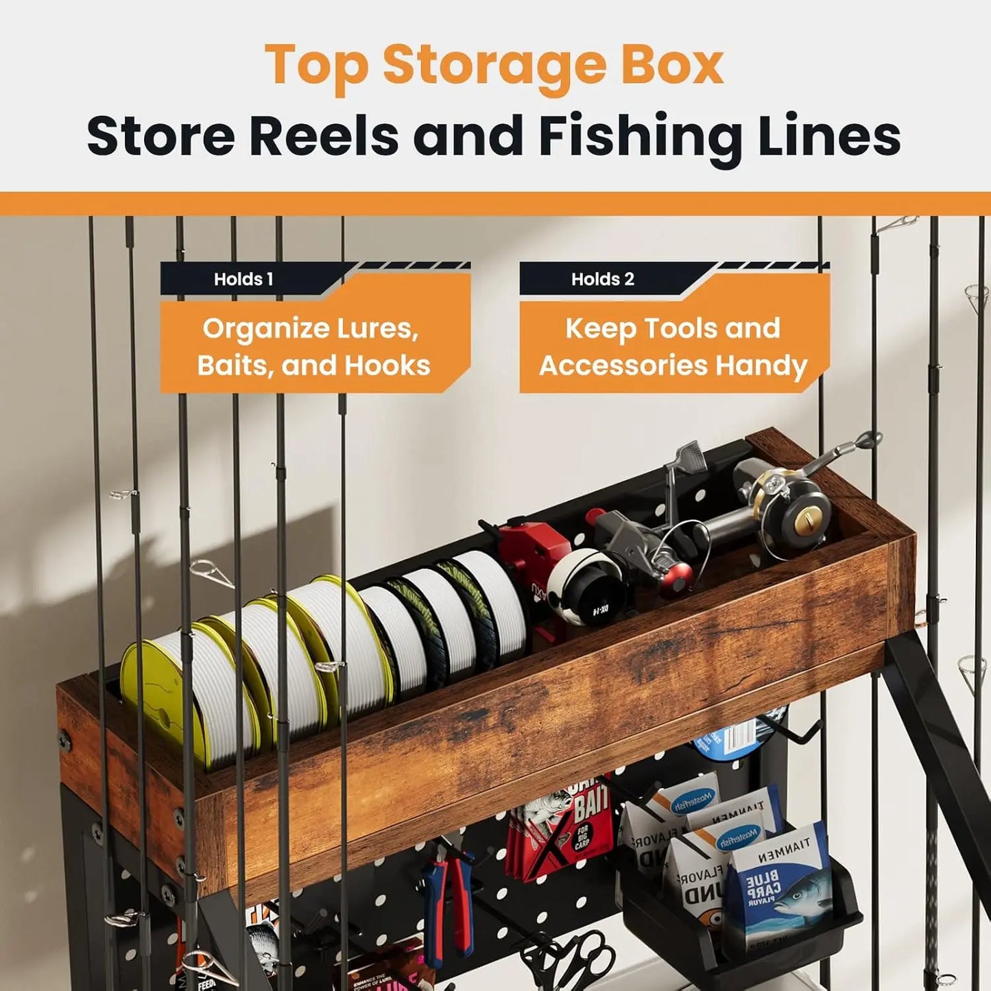 Garage fishing rod rack, three-tier fishing rod rack, rolling fishing rod storage rack with wooden tool box, fishing tackle rack