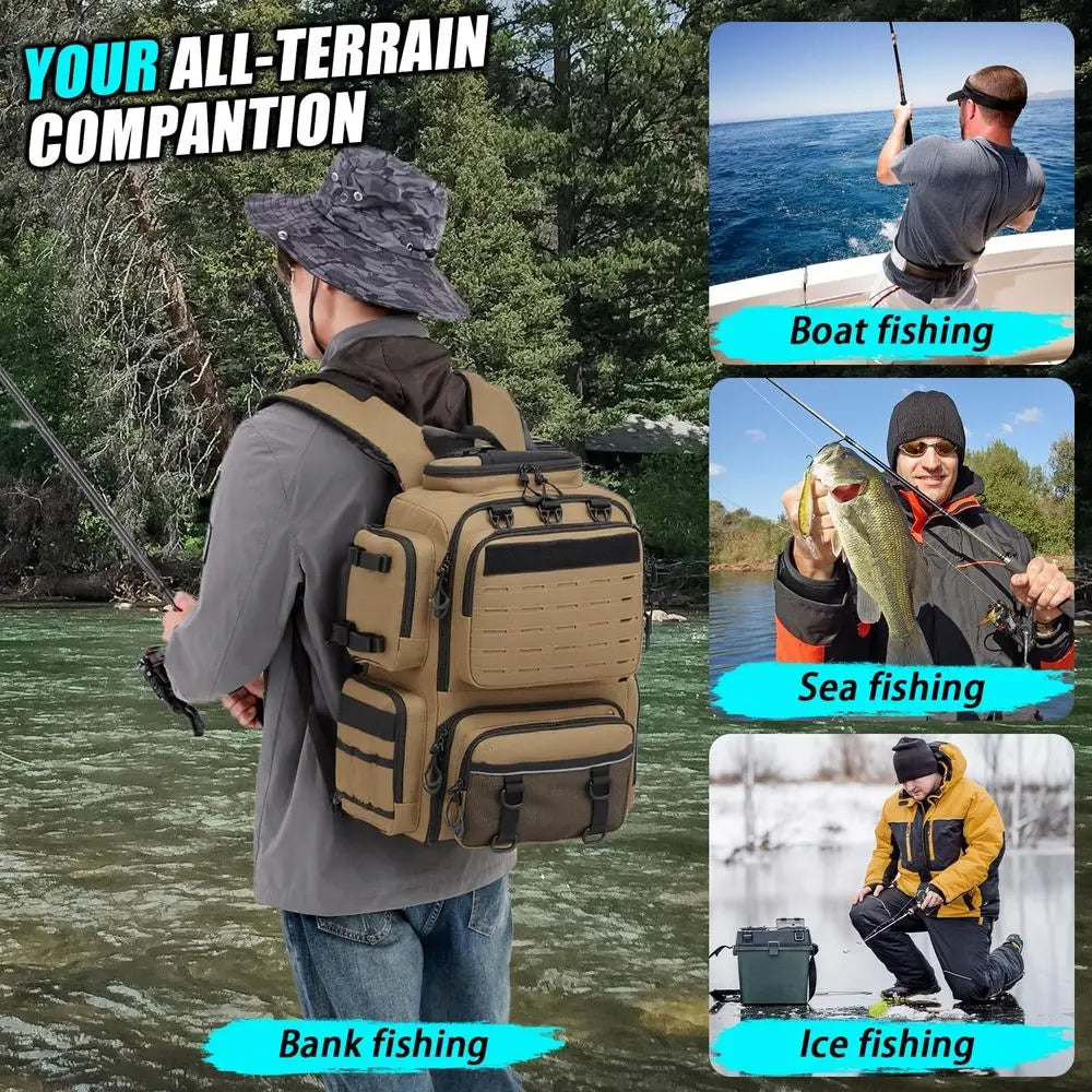 Large 50L Insulated Fishing Backpack with Tackle Boxes, Rod Holders, and Bottle Holders, Durable Brown Storage for Gear