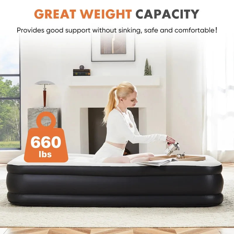 18" Queen Size Air Mattress Bed with Built- in Pump Blow Up Mattresses for Camping, Indoor Colchon, Guests Air Bed