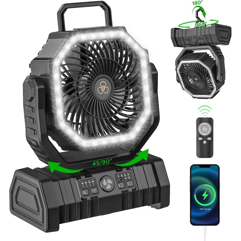 Camping Fan with LED Lantern, 20000mAh Auto-Oscillating Battery Operated Desk Fan with Remote&Hook, 8” Portable Fan