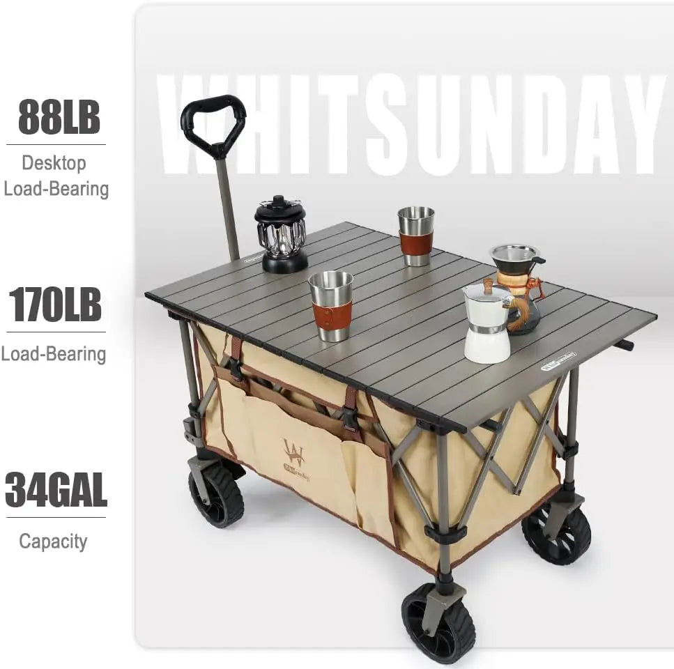 Folding Collapsible Wagon Cart, Beach Heavy Duty Wagon with Table,Utility Grocery Cart for Camping Sports Outdoor Shopping Park