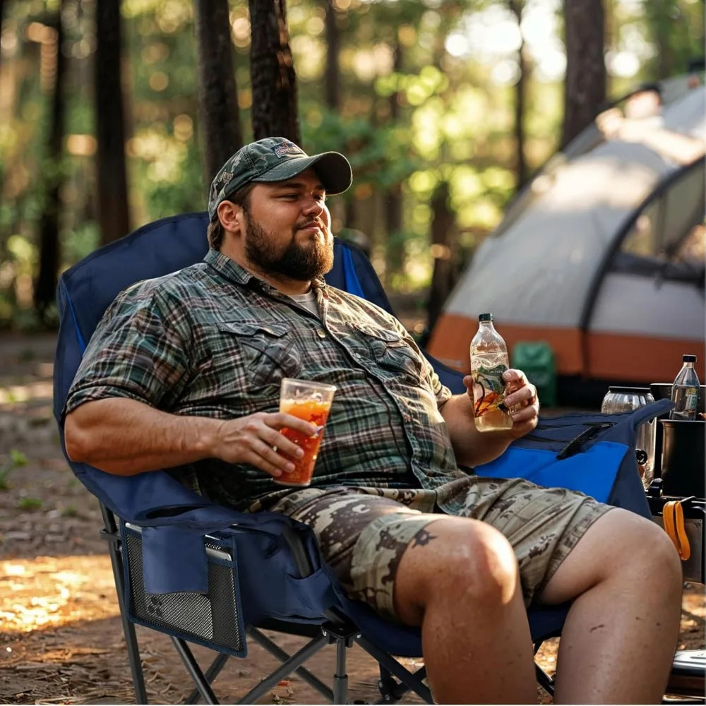 Oversized XL Camping Chair for Adults - 450lbs Support Heavy-Duty Padded Folding Chair with Side Pocket Cup Holder Cooling Bag