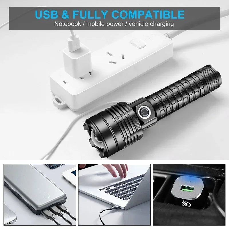 Skyewolfeye Wall Plug Rechargeable LED Tactical Flashlight Set High Lumen XHP60 Zoomable Torch for Fishing Caving