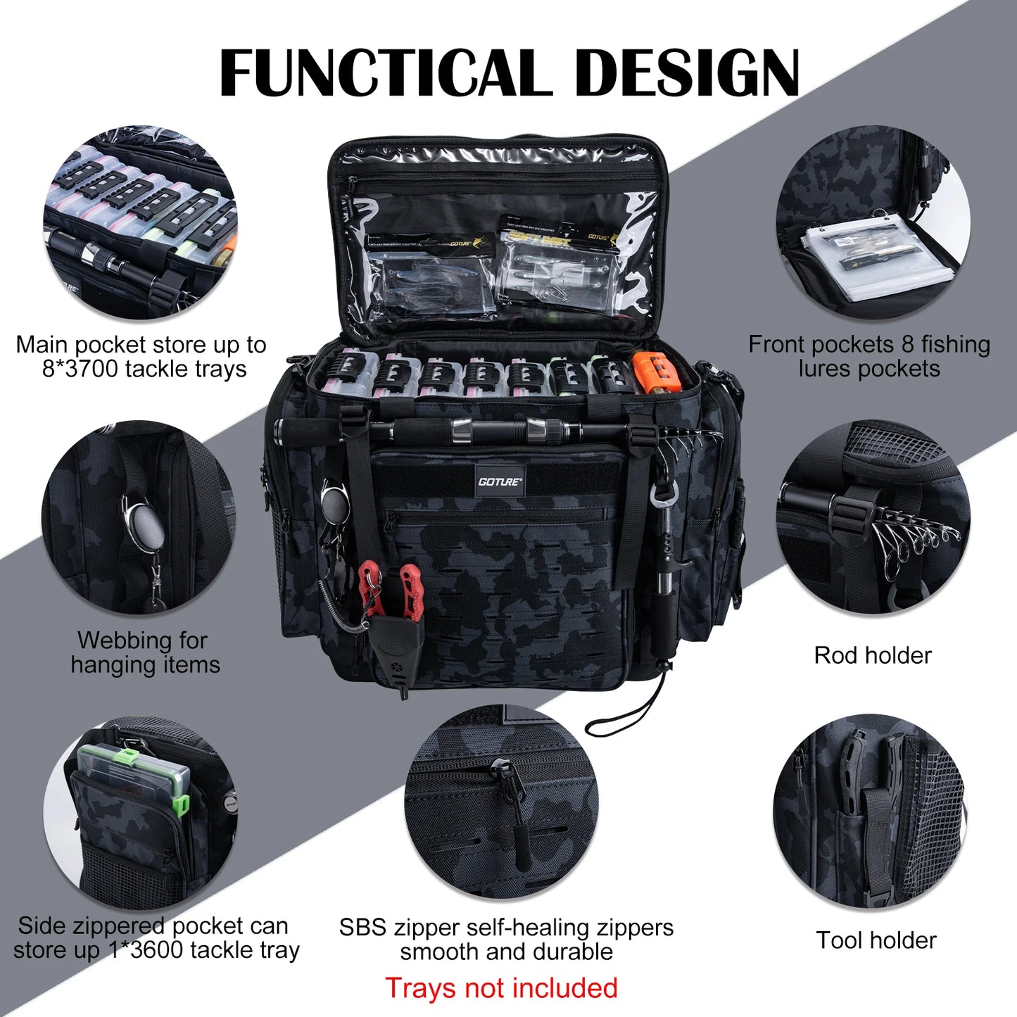 42L Fishing Tackle Bag 600D Oxford Backpack with Rod Holder EVA Waterproof Bottom for Camping Hiking Outdoor
