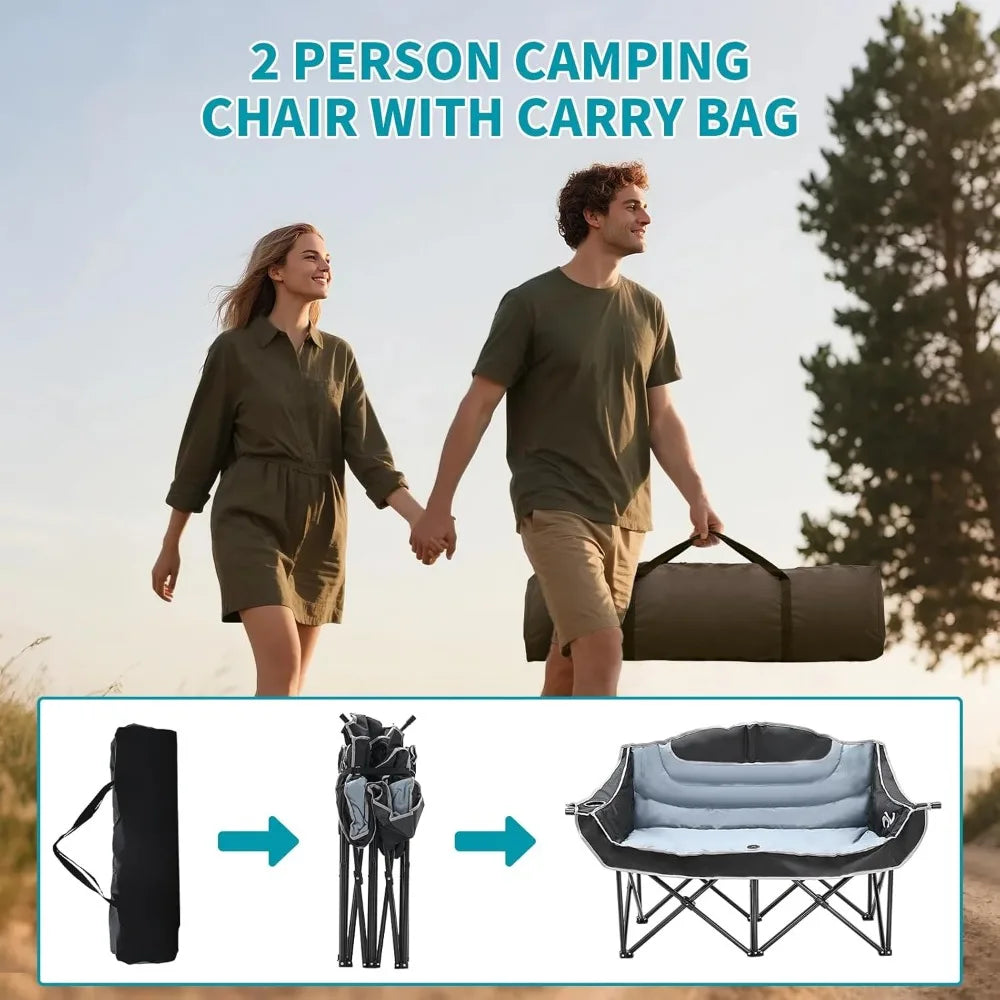 Begonia.K Double Camping Chair for 2 Person - Oversized Padded Folding Loveseat - Portable Camping Couch Heavy Duty Lawn Chairs