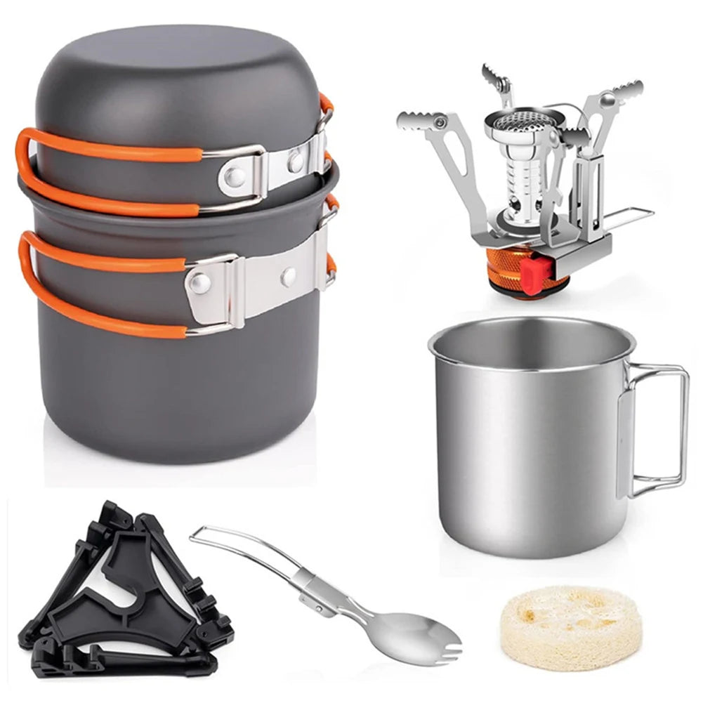 Camping Cookware Mess Kit with Mini Stove Outdoor Tableware Equipment with Cup Fork Portable Cookware Equipment for Campfire