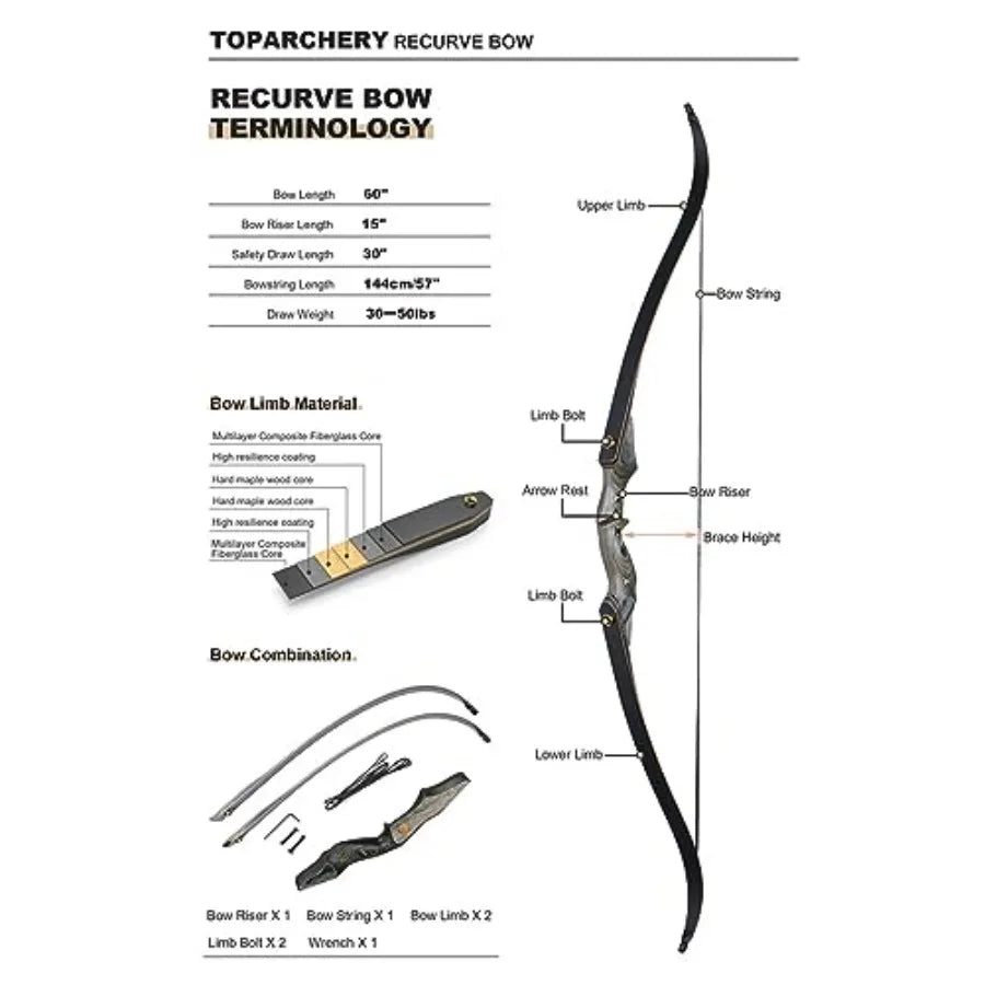 60'' Archery Recurve Bow Takedown Bow Hunting Bow and Arrow Set Adult Target Practice Competition Survival Longbow Right Hand 3