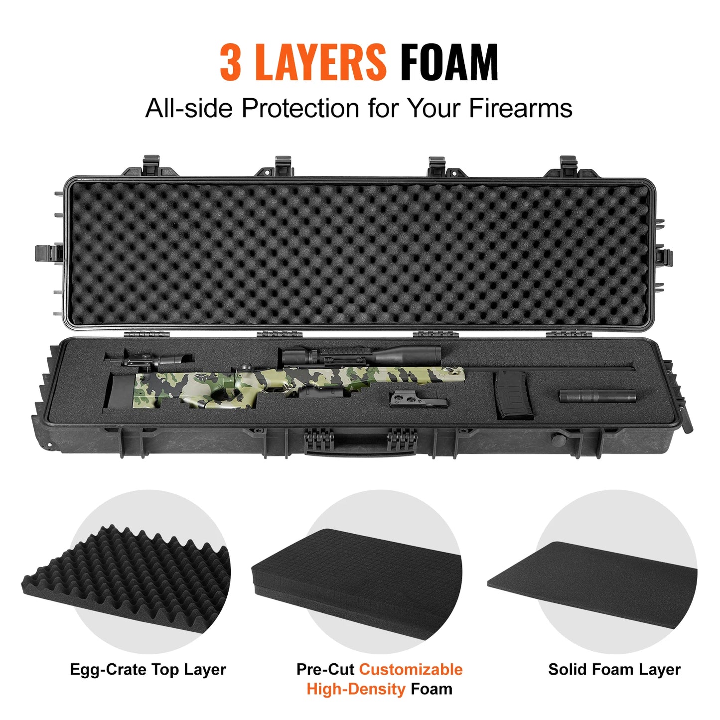 Rifle Hard Case Portable Long Gun Storage Hard Suitcase W/ 2 Casters Shockproof & Waterproof Airsoft Rifle Protective Case