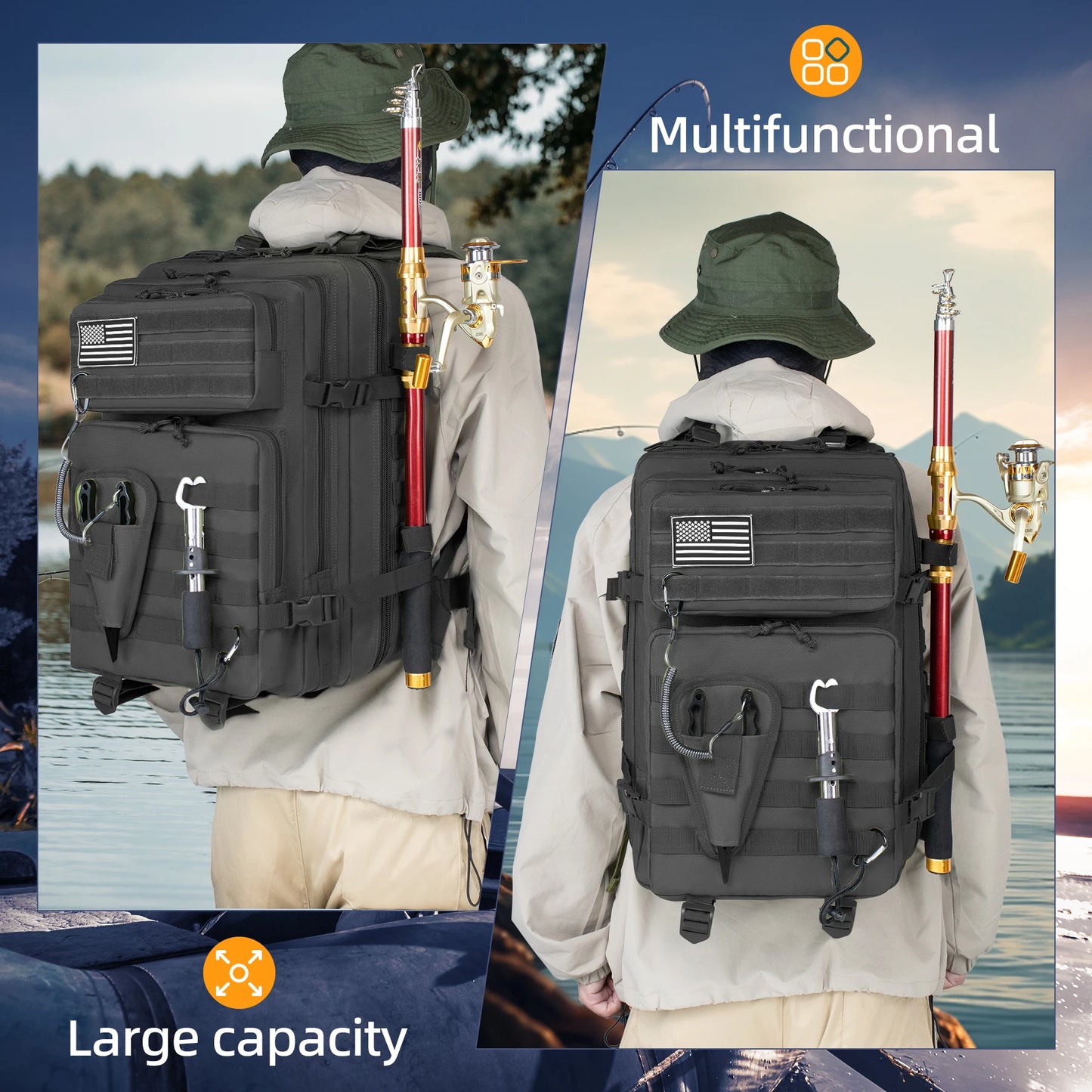 45L Fishing Hunting Bag Tactical Backpack Men's Travel Large Capacity Rucksacks Men Waterproof Outdoor