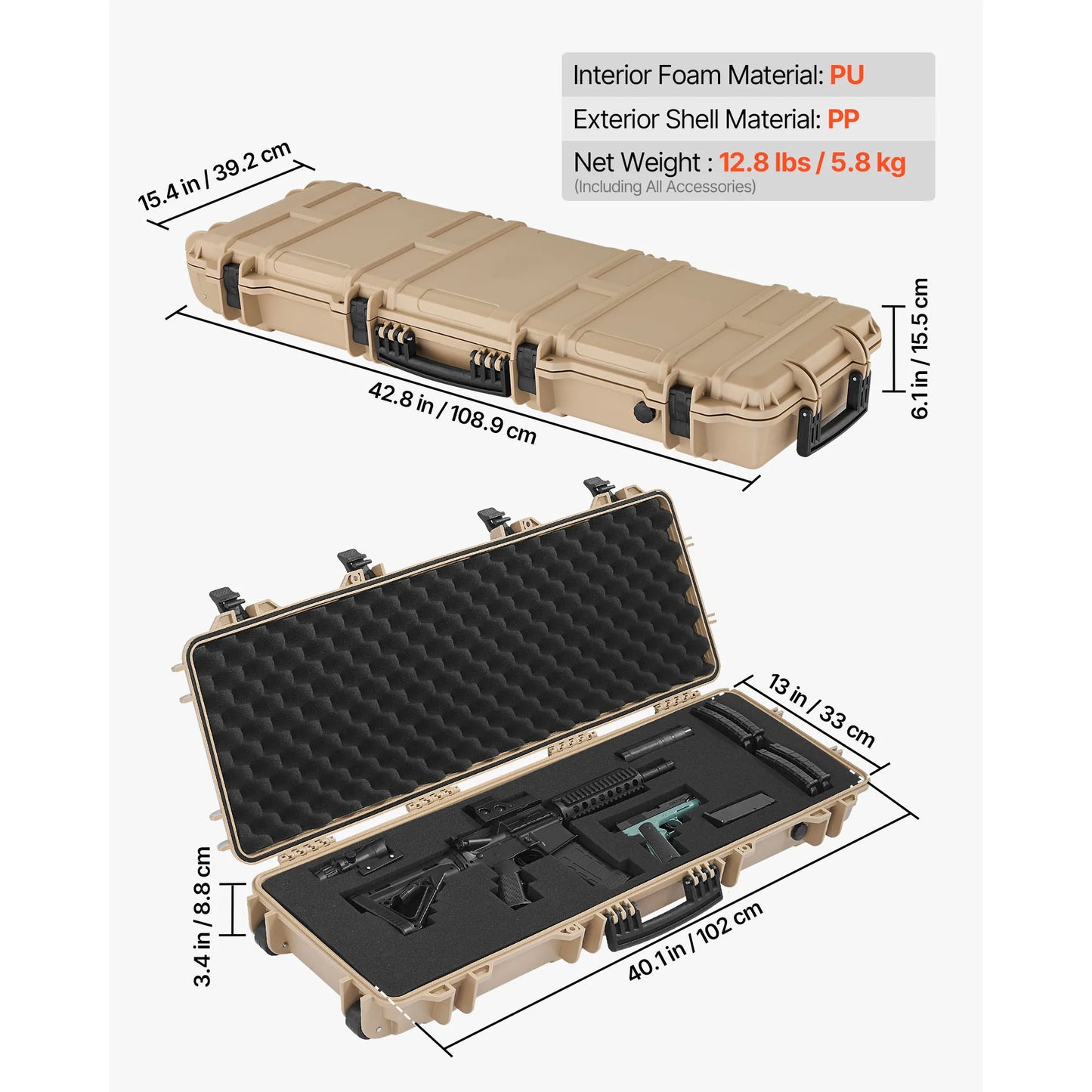 SucceBuy Hard Rifle Case Lockable Rifle Case with Pre-cut Foams Wheels IP67 Waterproof Pistol Storage Cases for Rifles Shotguns