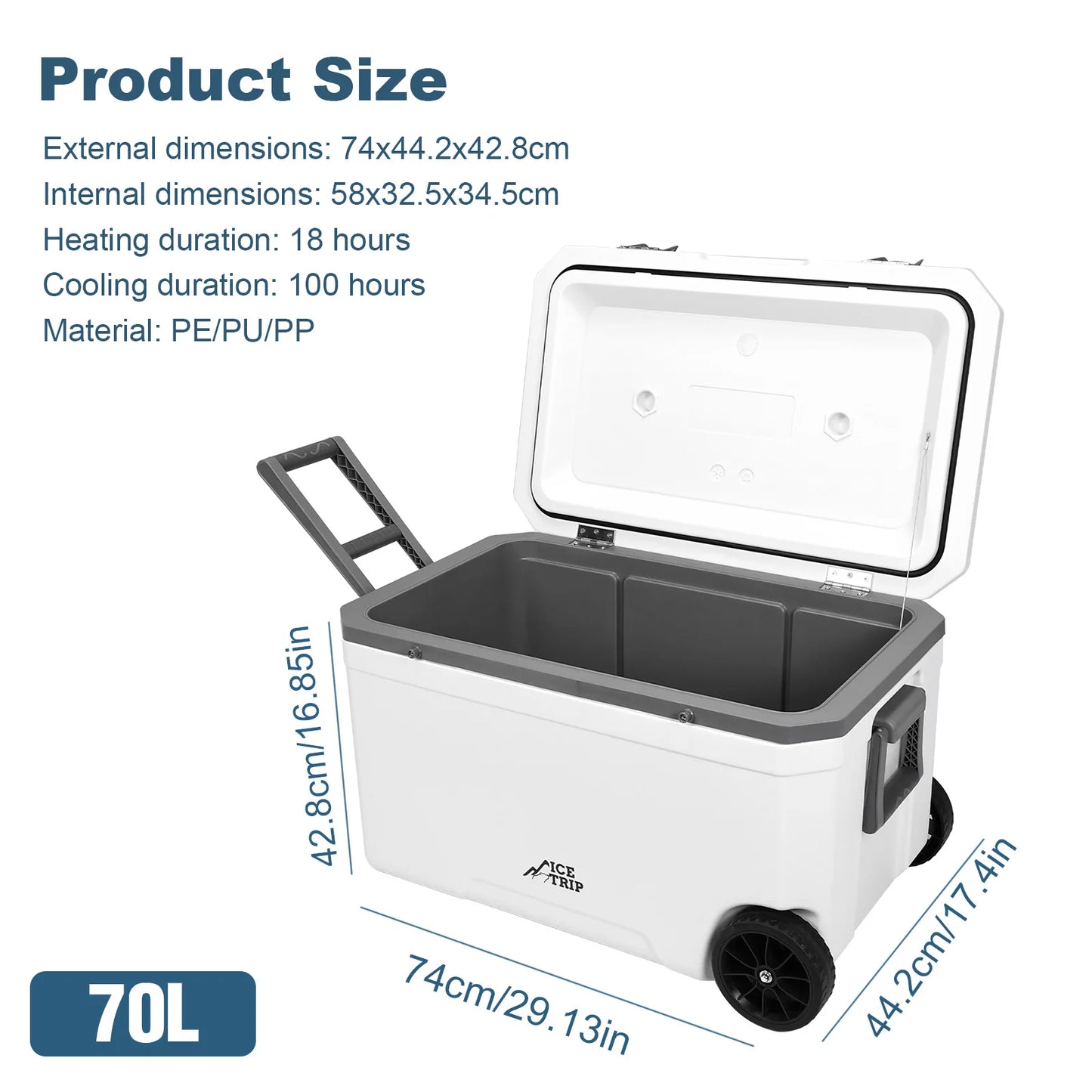 70L Camping Cooler Hard Shell Portable Car Wheel Insulator Plastic Cooler Box 30 Percent Lighter Than Rotomolded for BBQ Camping