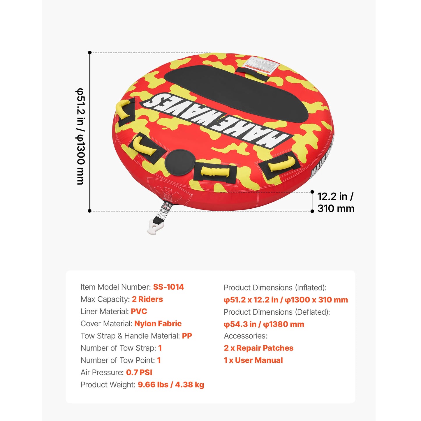 Towable Tubes for Boating 2-4 People Inflatable Boat Tubes and Towables with Anti-Slip Pad Water Sport Tube for Boat