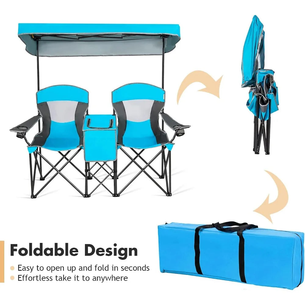 Double Camping Chair with Canopy, 2 Person Folding Beach Chair with Canopy Shade, Table Beverage Holder and Storage Bag, Double