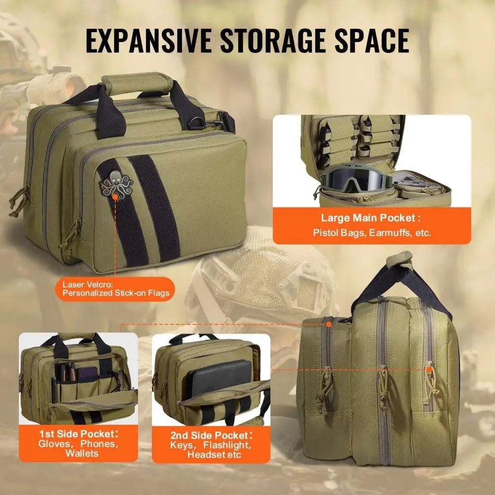 Tactical Bag for 2 Pistol Range Case with Pouches Brown Outdoor for shooting Lockable Zipper