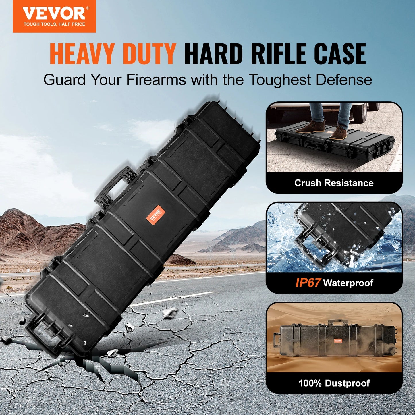 Rifle Hard Case Portable Long Gun Storage Hard Suitcase W/ 2 Casters Shockproof & Waterproof Airsoft Rifle Protective Case