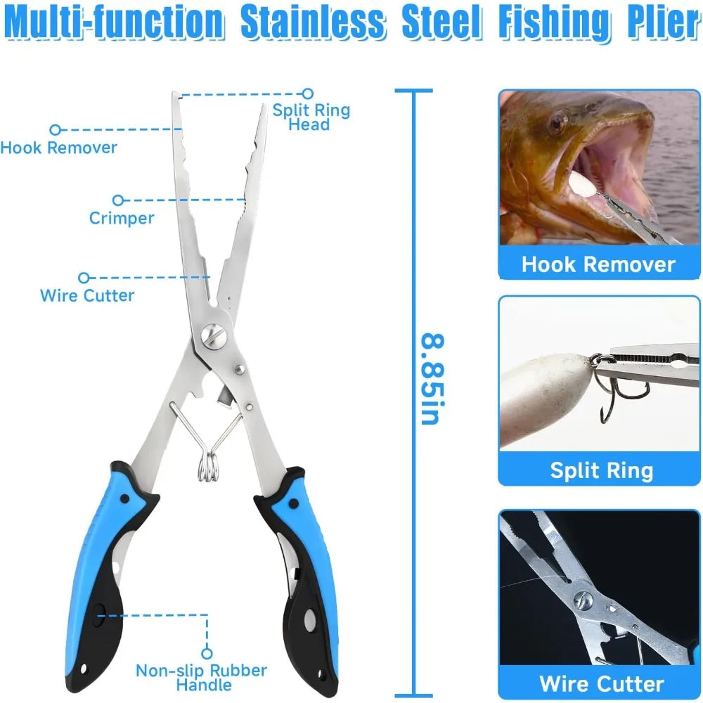5pc fishing tool kits - fishing pliers, fillet knife with sheath, stainless steel fish lip gripper, fishing hook remover and big