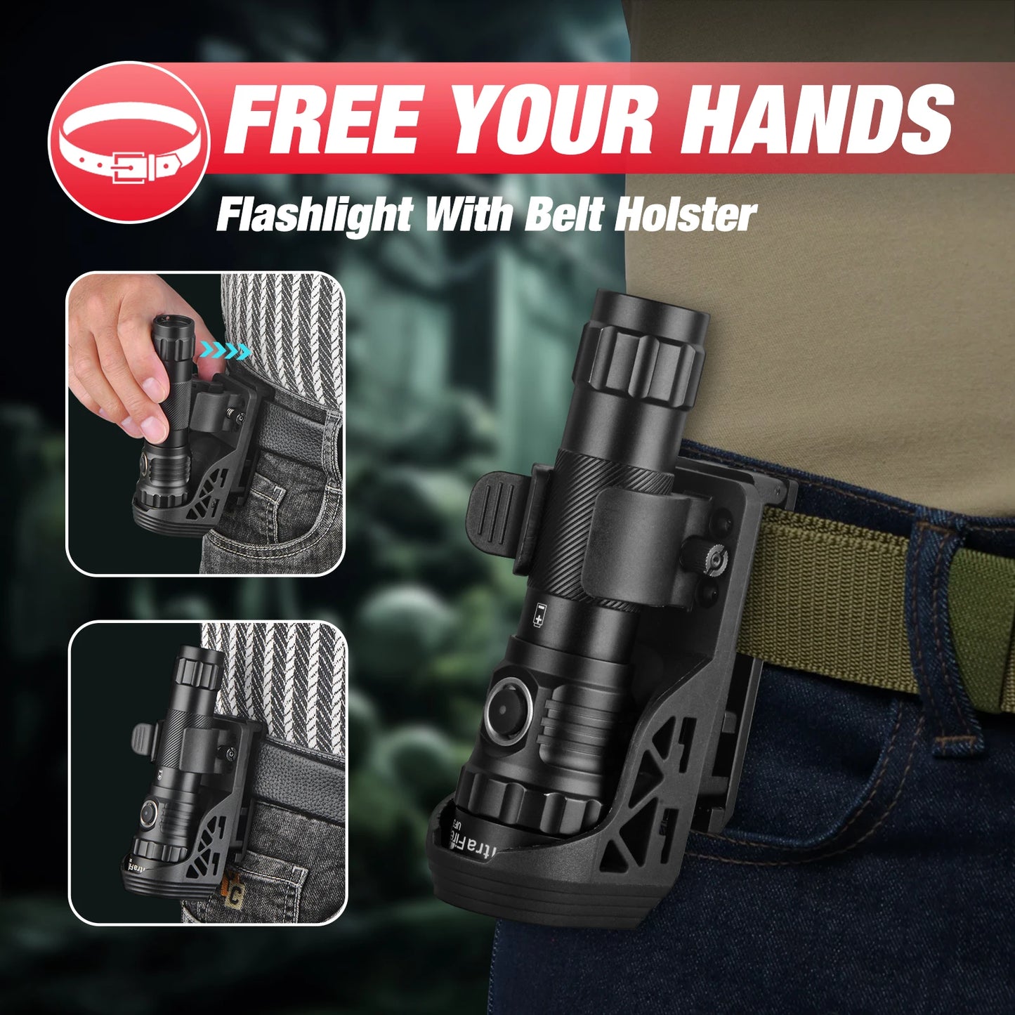 UltraFire UF3 Tactical Flashlight 1200 Lumen USB Rechargeable Powerful Police Flashlight with Holster for Home Emergency Camping