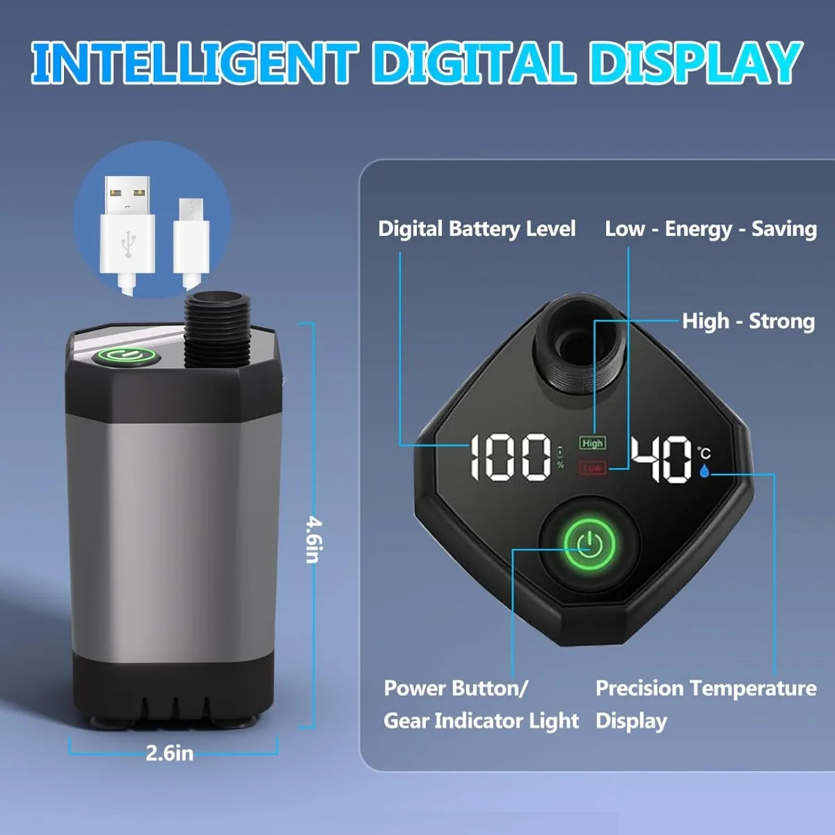 Portable Camping Shower with Rechargeable Battery Immersion Heater LED Display for Outdoor Travel Pet Car Plant Use
