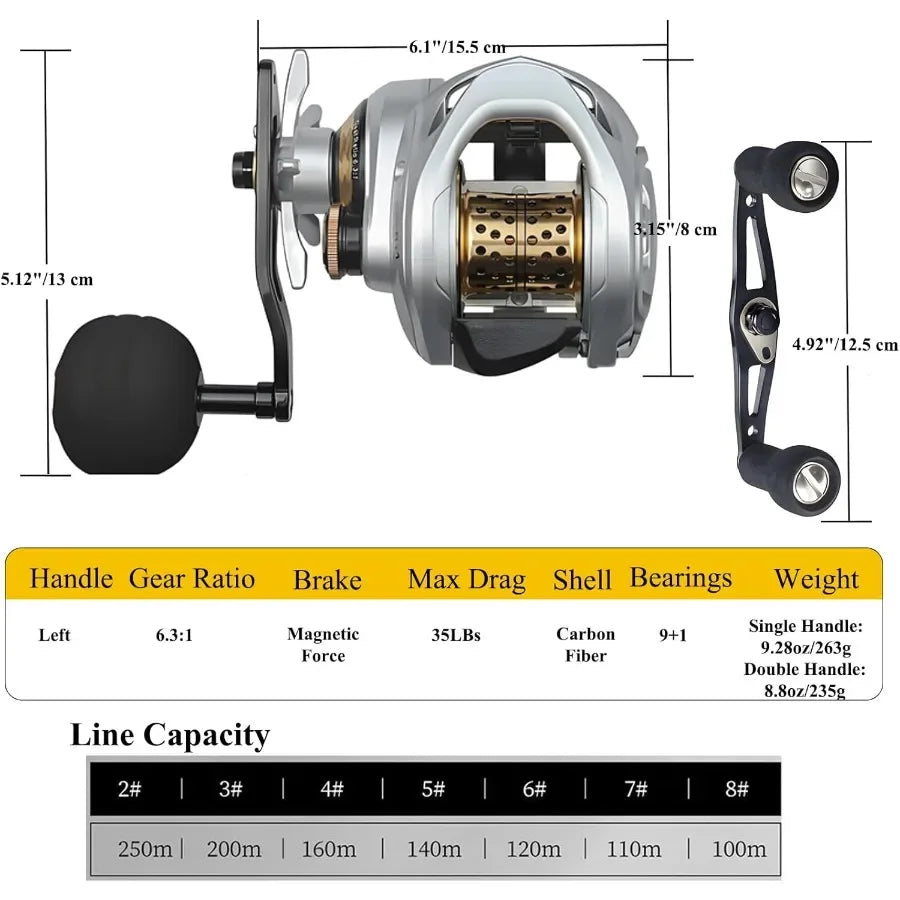 Baitcasting Fishing Reel with 35lbs Max Drag and Carbon Fiber Construction for Enhanced Durability featuring 9+1BB Bearings CNC