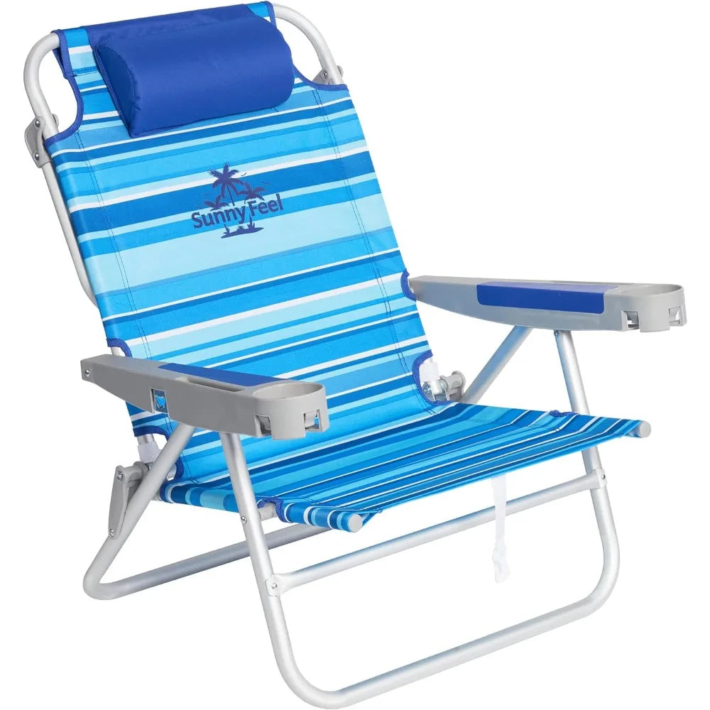 Extra Wide 28" Low Beach Chair 5 Position Lay Flat, XL Oversized Portable Folding Camping Chairs with Cup - HOME
