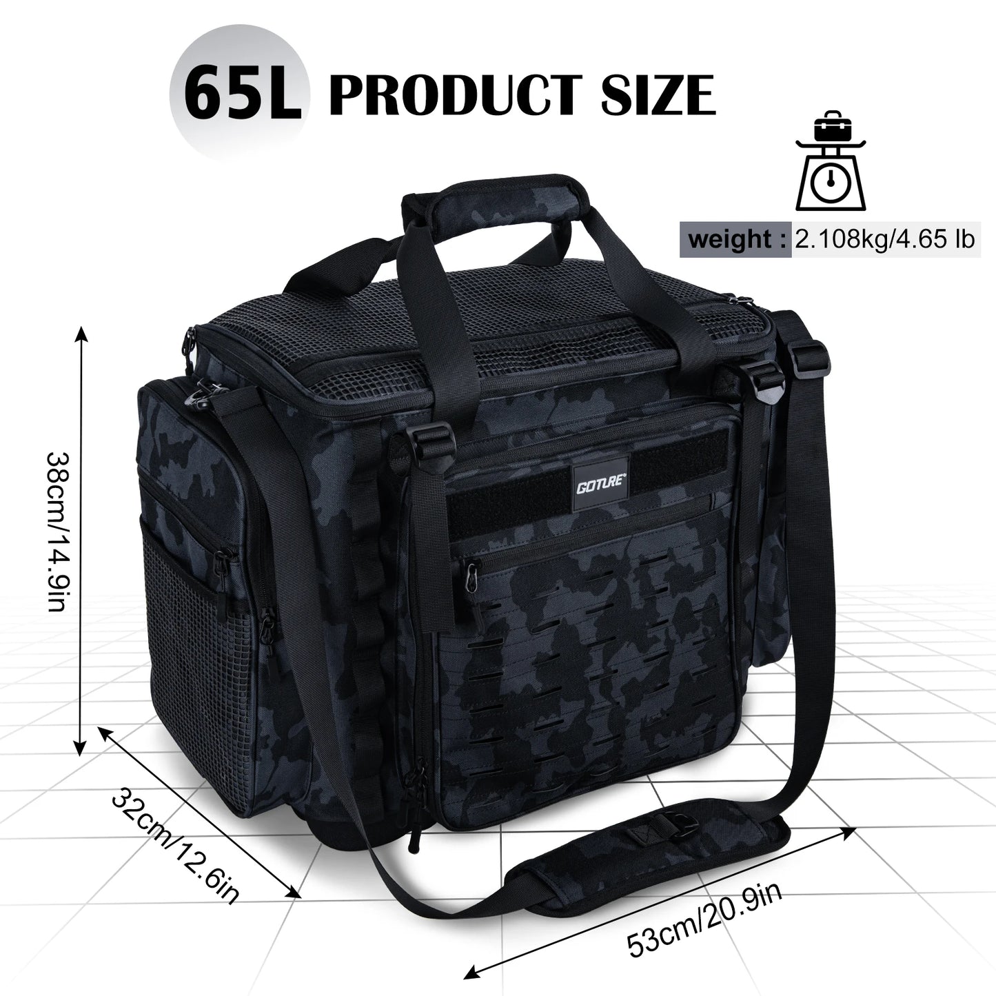 42L Fishing Tackle Bag 600D Oxford Backpack with Rod Holder EVA Waterproof Bottom for Camping Hiking Outdoor