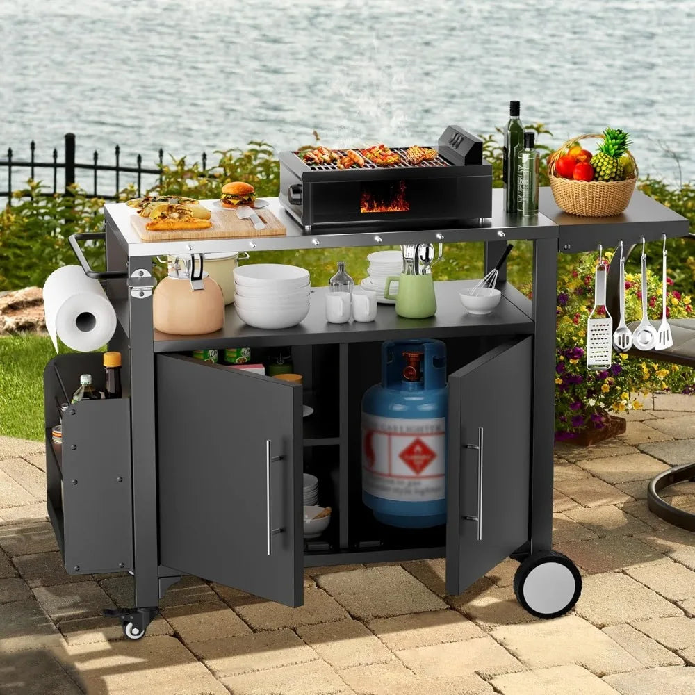 High quality-Outdoor Grill Cart with Storage,Patio Kitchen Island with WheelsHooks and Spice Rack,Waterproof Outdoor Grill Table