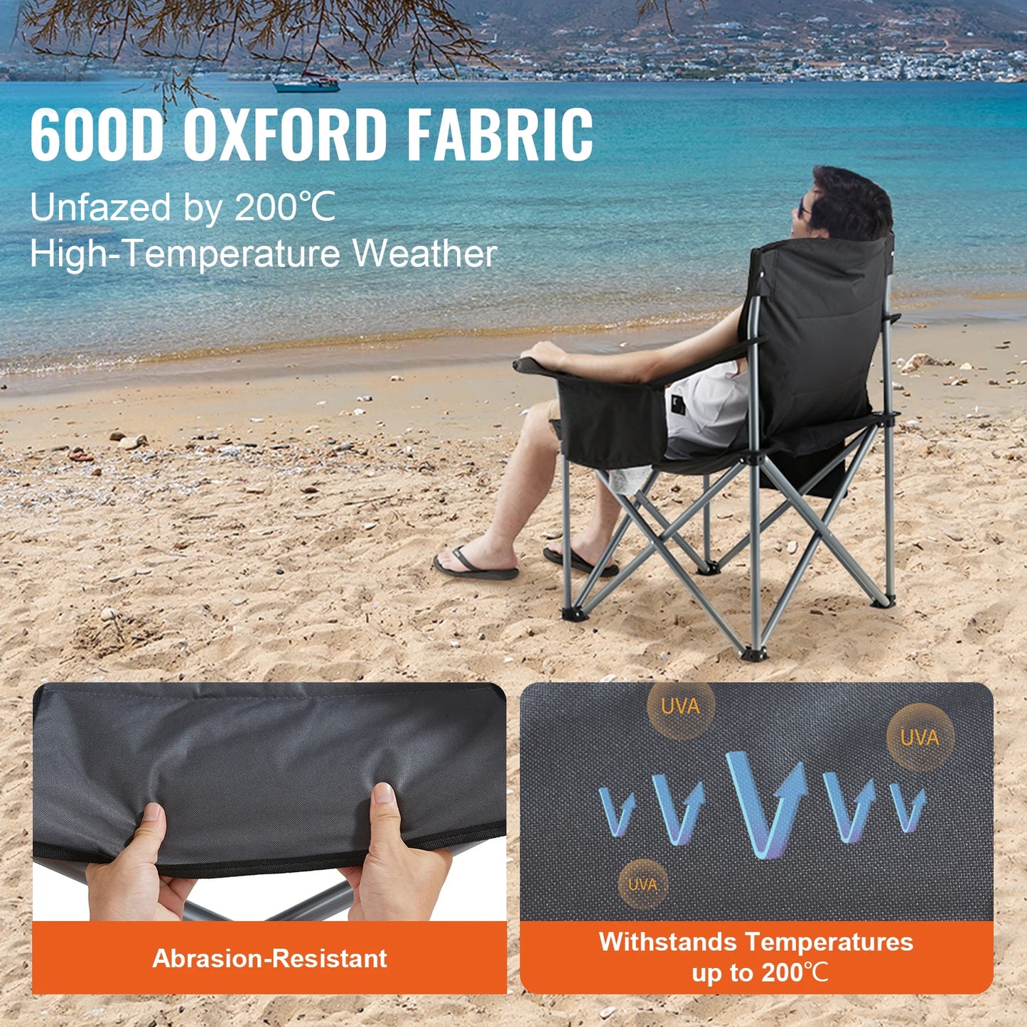 Camping Folding Chair for Adults Portable Quad Lumbar Back Padded Arm Chairs with Side Pockets for Beach, Lawn, Picnic