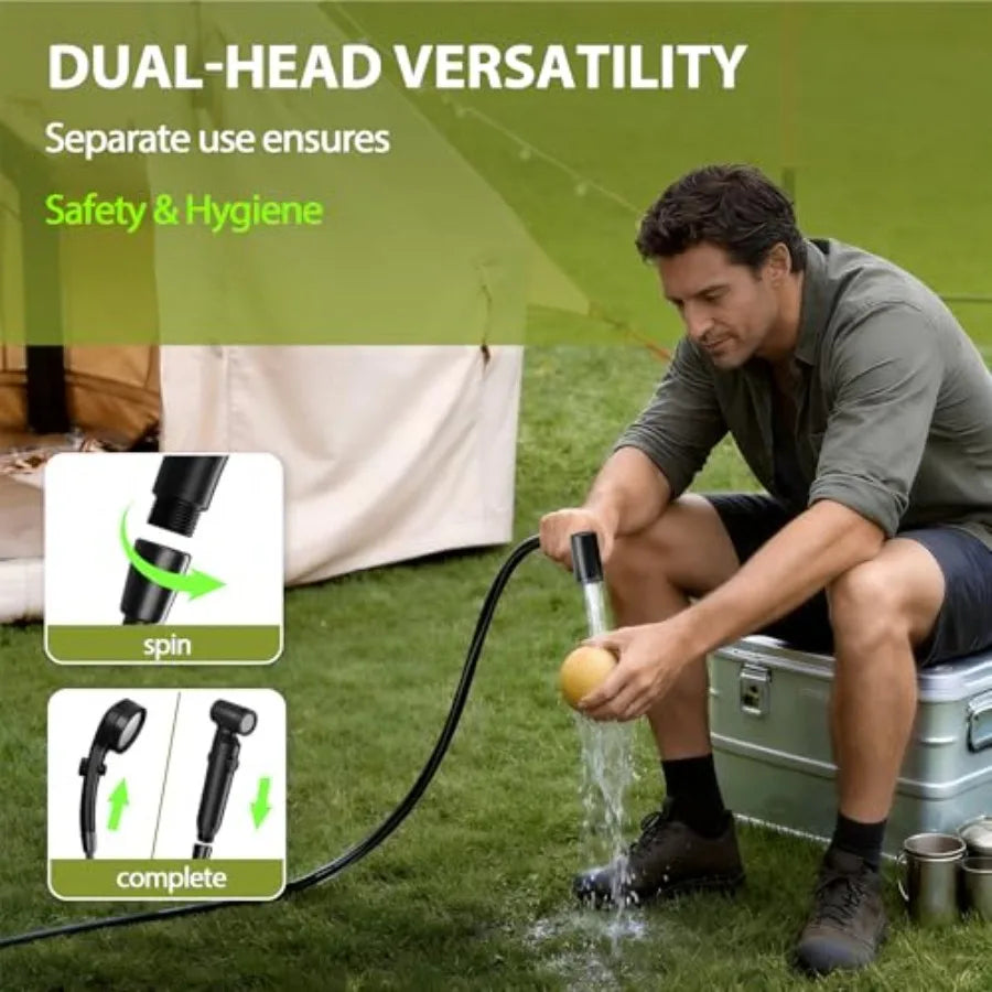 Camping portable shower: leak-proof electric cordless power unit with 5-gallon water tank, blue ABS plastic, max 8-hour runtime