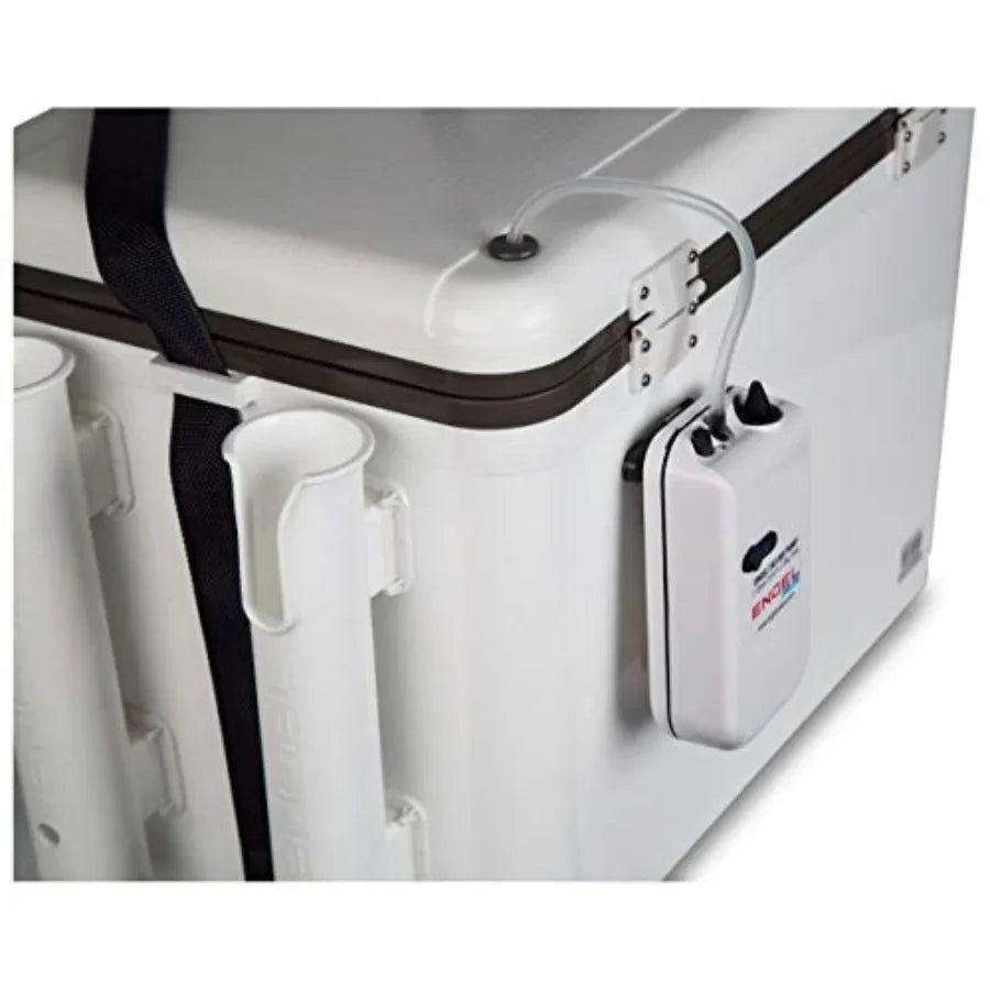 Fishing bait station: 30qt white live bait cooler box with 2nd gen 2-speed aerator pump and 4 rod holders, polyethylene, white,