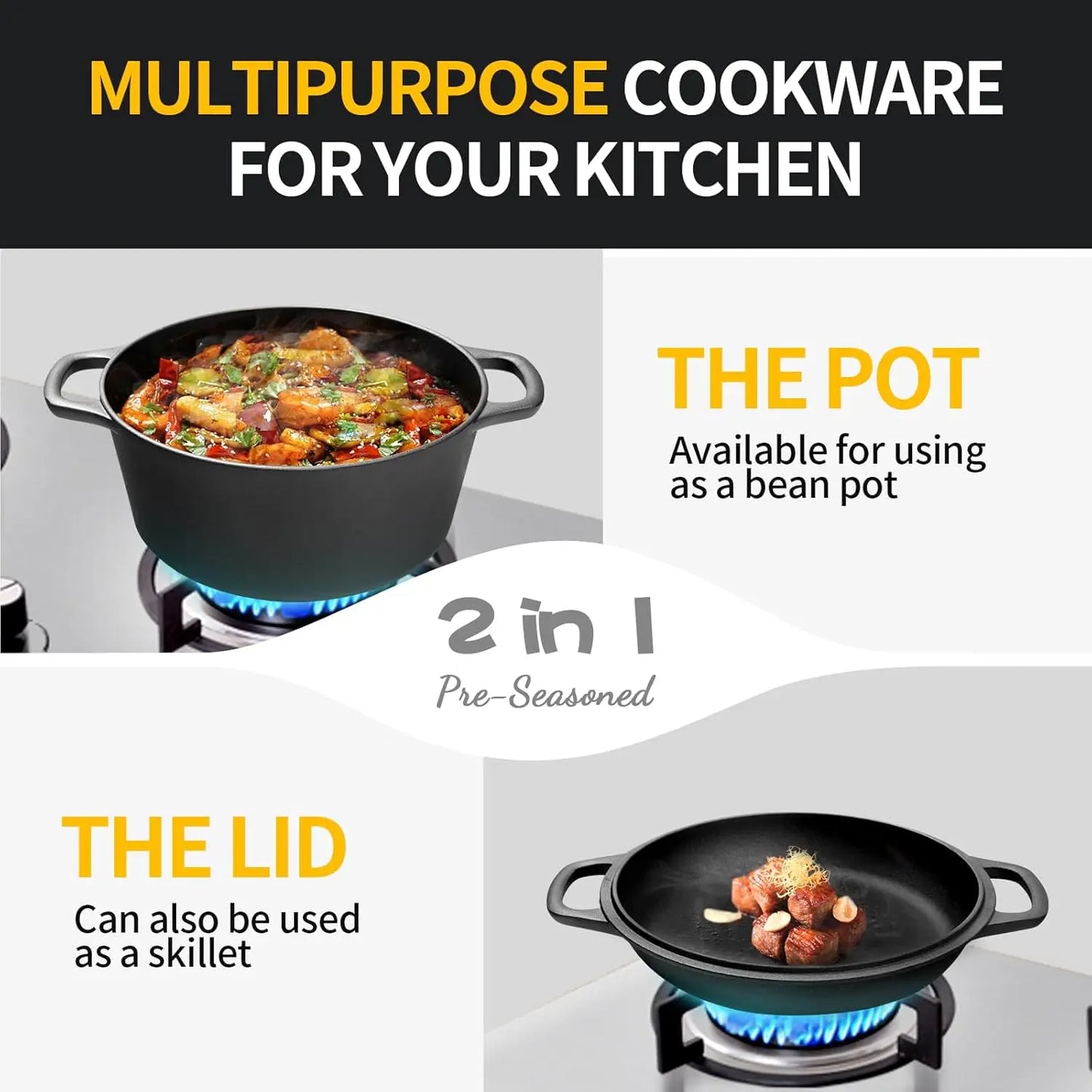 Pre-Seasoned Cast Iron Dutch Oven with Skillet Lid, 2-in-1 Cooking Pan Set, 7QT Dual Handles for Baking, Frying, Camping