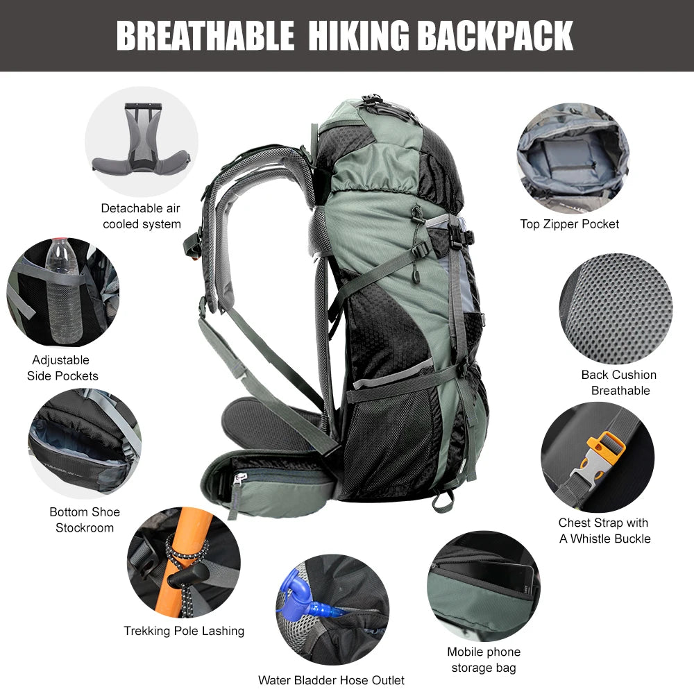 60L Explorer Internal Frame Backpack with Rain Cover Outdoor Backpack for Hiking Camping Backpacking Travel