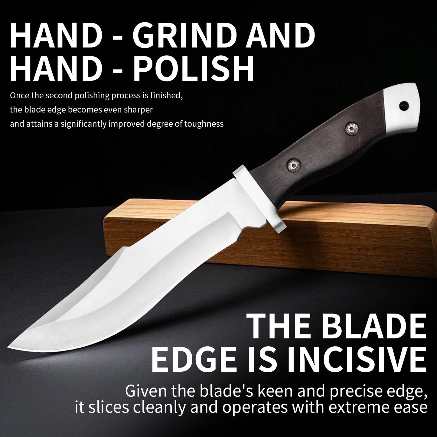 Stainless steel hunting knife with a wooden handle, paired with a black leather sheath, an essential tool for adventurers