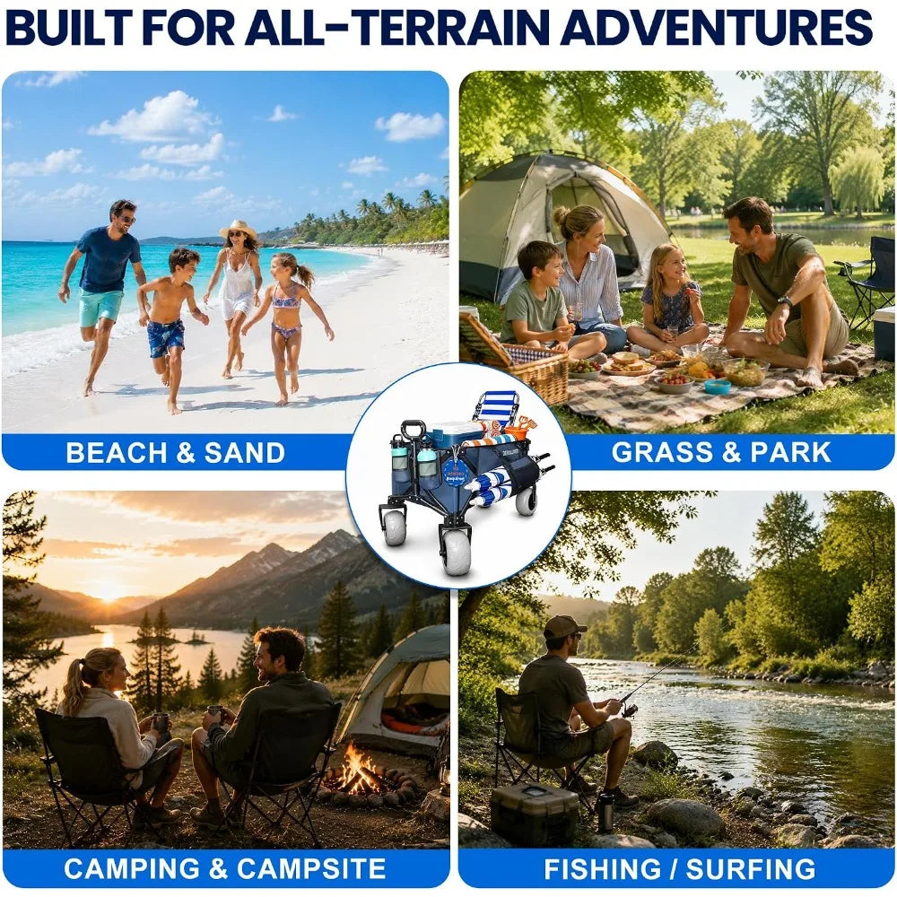 300L Heavy Duty Beach Wagon with Sand-Proof All-Terrain Wheels, Foldable Utility Cart for Camping & Sports (Navy Blue)