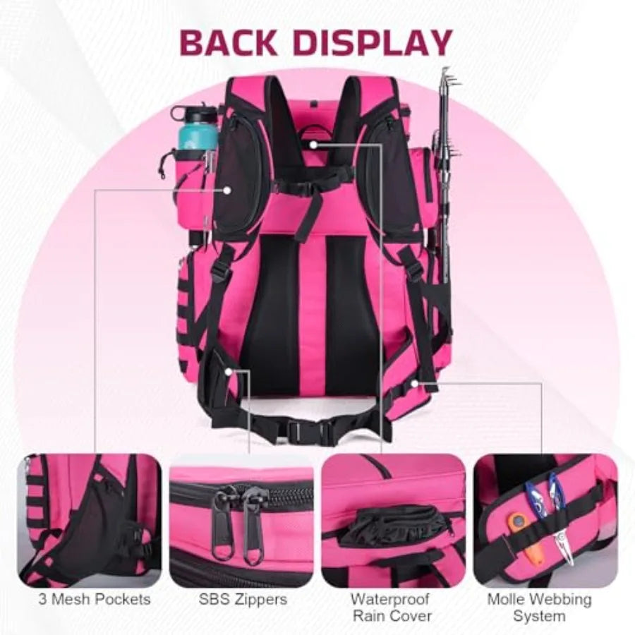 Fishing Backpack with Cooler, 66L 600D Tackle Backpack with 3 Rod Holders, Helmet Holder, Rain Cover, Saltwater Large Fishing B