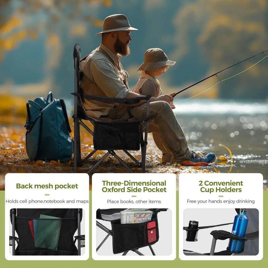 Oversized Camping Folding Chair Heavy Duty Steel Frame Support 350 LBS, Collapsible Padded Arm With Cup Holder, Quad Lumbar Back