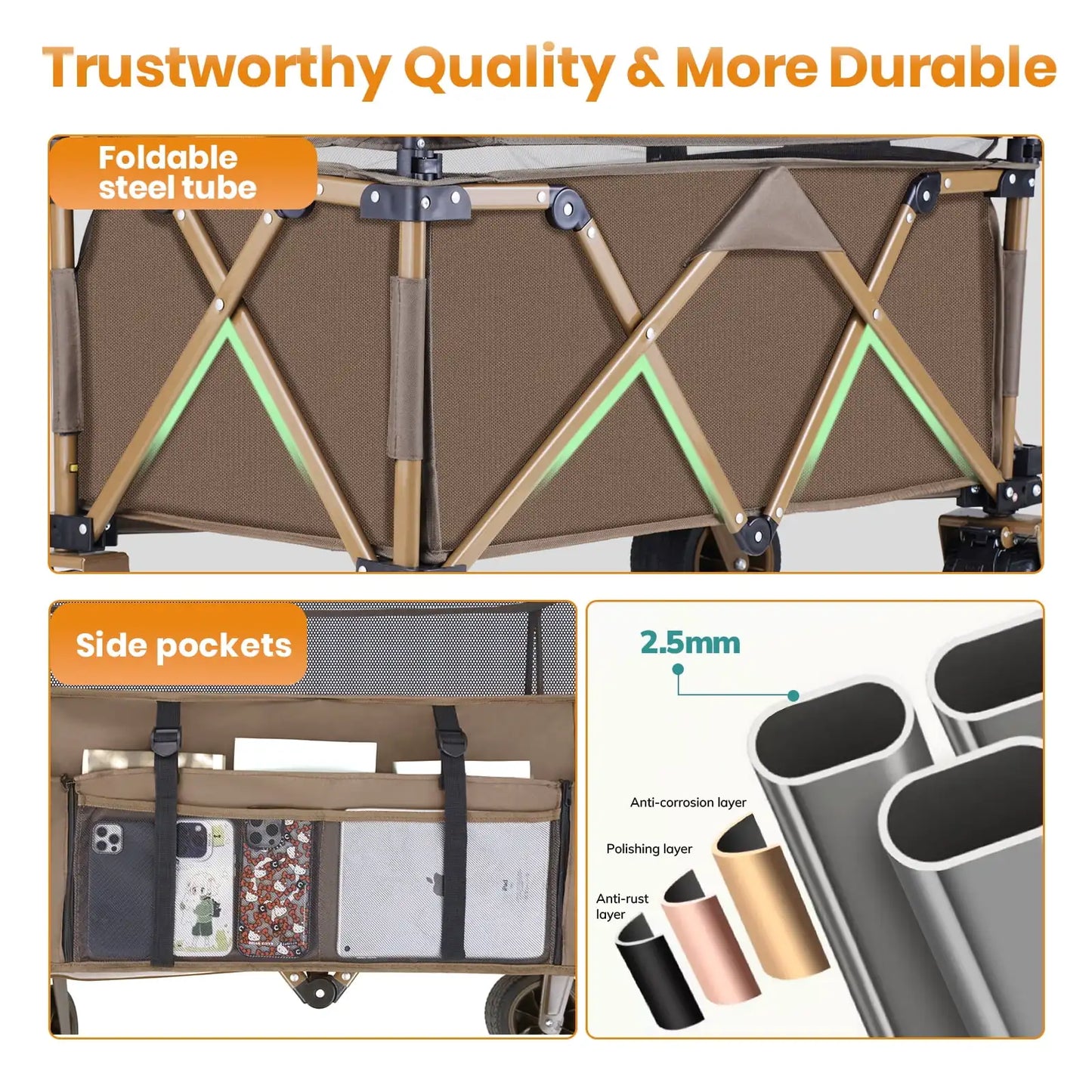 Collapsible Camping Beach Wagon, 350L Garden Cart, Heavy Duty Utility Fold Wagon with Big Wheel & Side Pickets for Garden